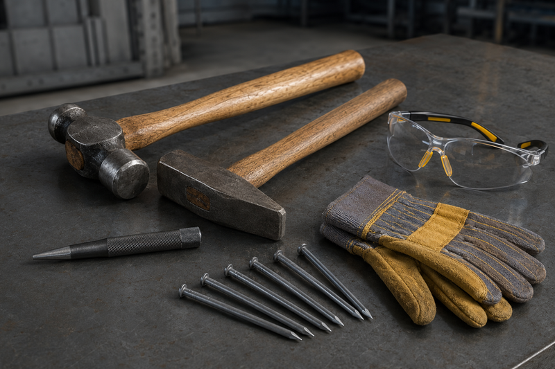 tools for driving concrete nails including hammer and safety glasses