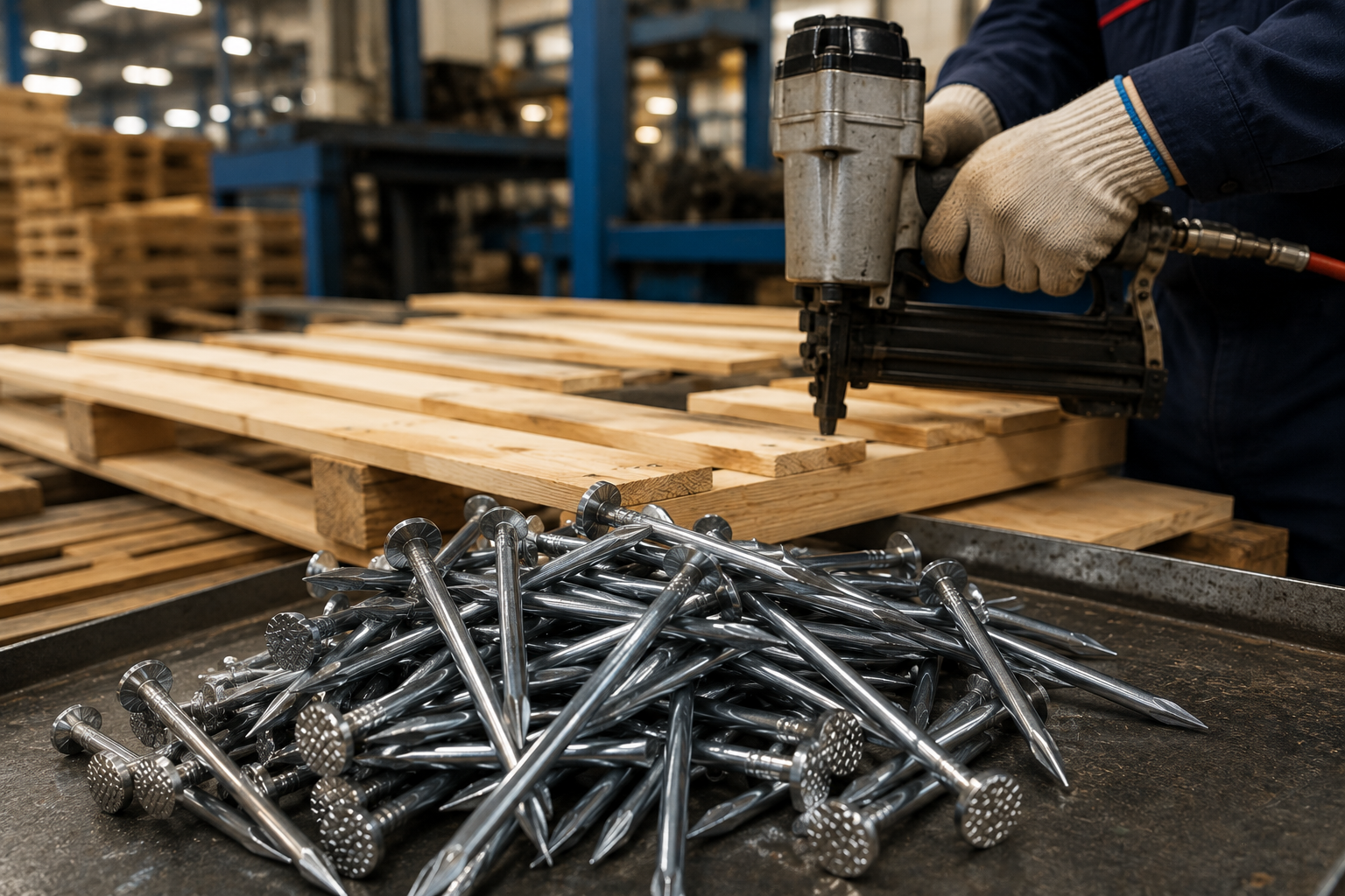 Wooden pallet production scene with pallet nails, factory production line and container loading