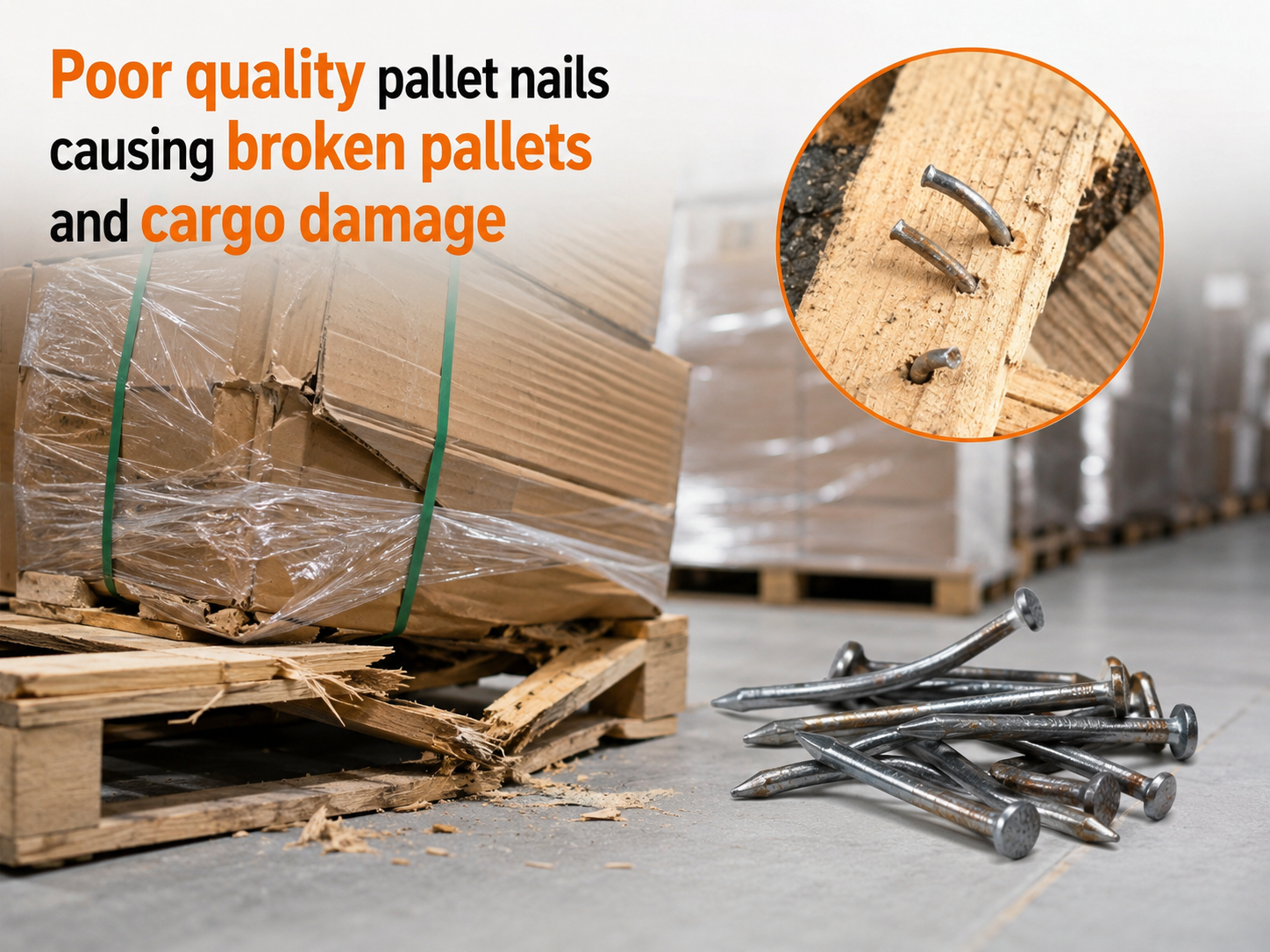 Poor quality pallet nails causing broken pallets and cargo damage