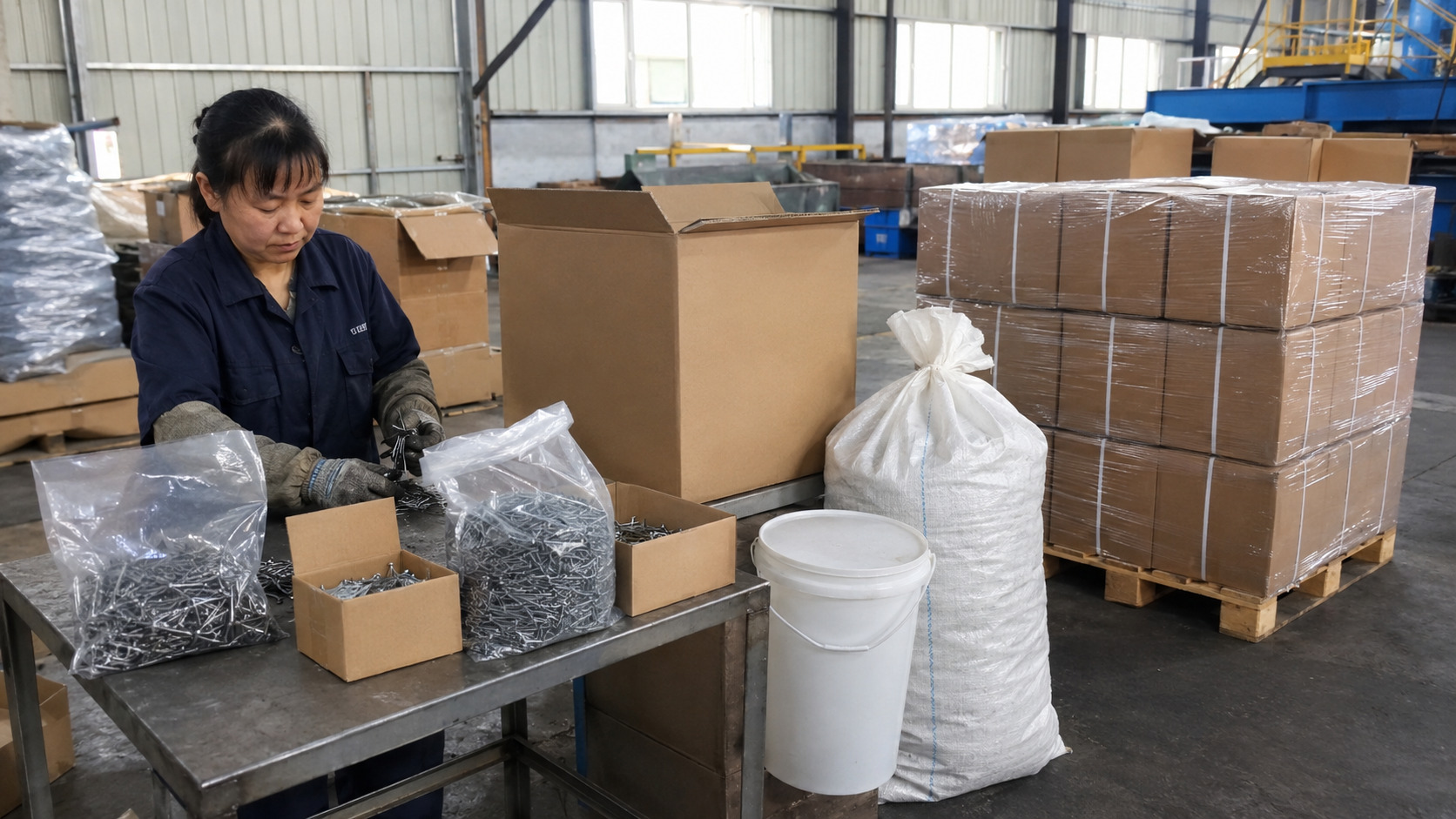 Unbranded steel nail packaging options in a factory packing area