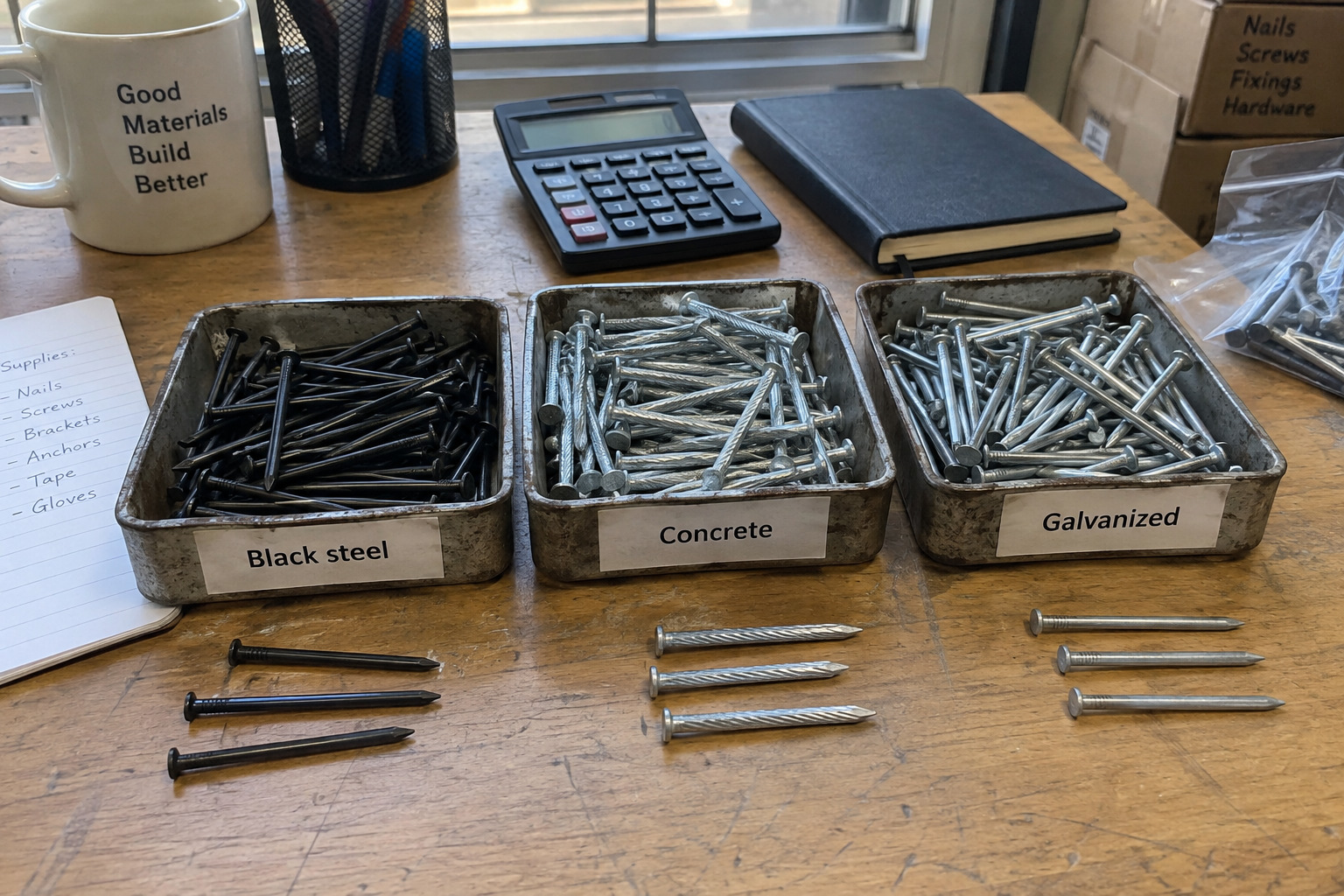 Black steel nails applications compared with concrete nails and galvanized nails