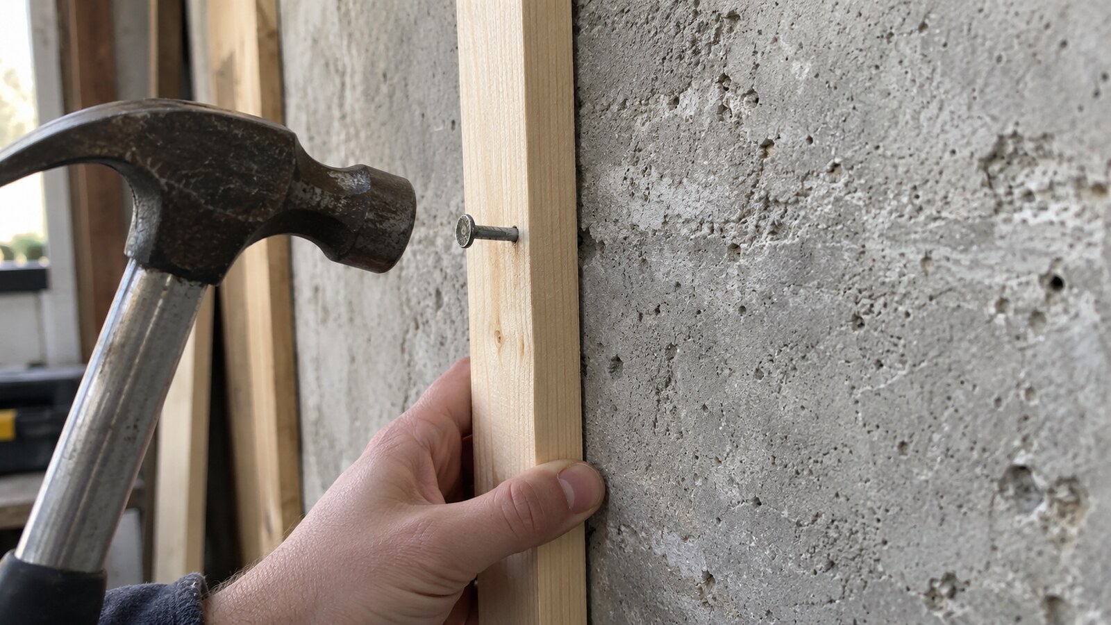 Wood-to-concrete fastening with concrete nails