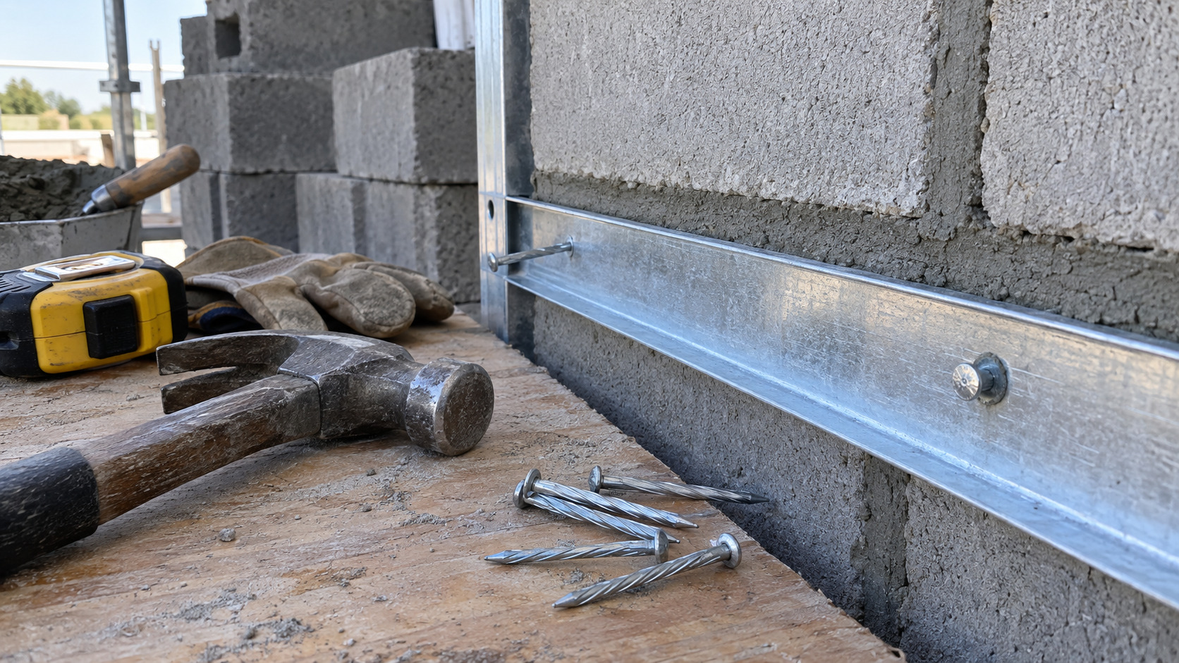 Galvanized concrete nails used in masonry construction