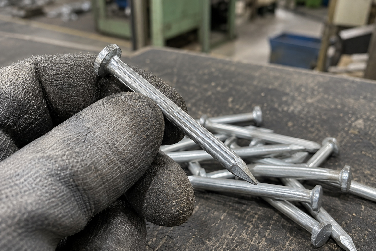 Zinc coated galvanized concrete nail close-up