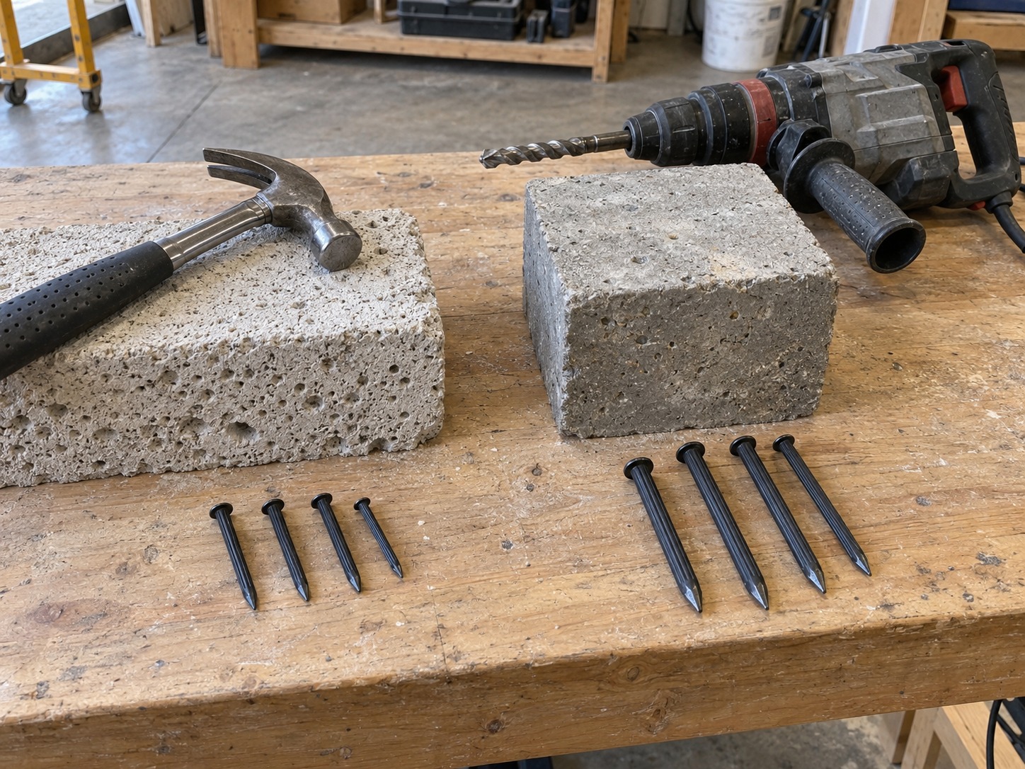 selecting concrete nail specifications for hammering versus pre-drilling installation